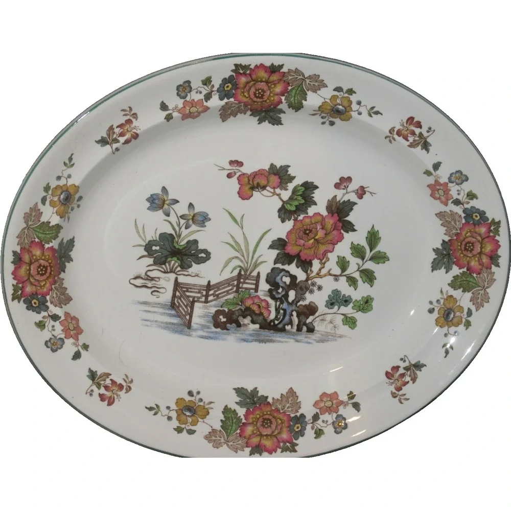 Wedgwood Eastern Flowers 14' Oval Serving Meat‎ Platter Green trim